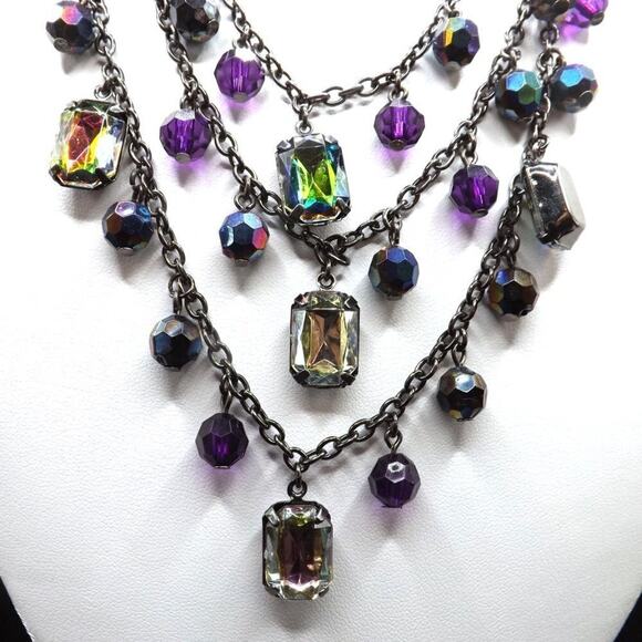 New York Iridescent Rhinestones Beads Necklace, Gunmetal Gray, 3 Strands, 20" - Picture 3 of 9